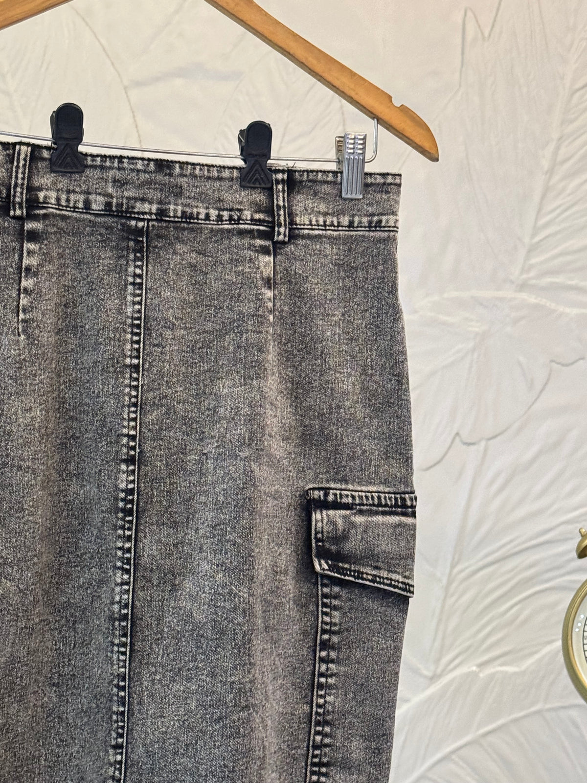 Vintage Acid Wash Cargo Denim Midi Skirt