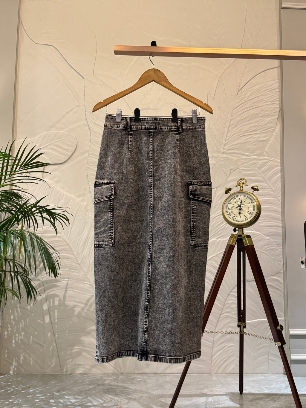 Vintage Acid Wash Cargo Denim Midi Skirt