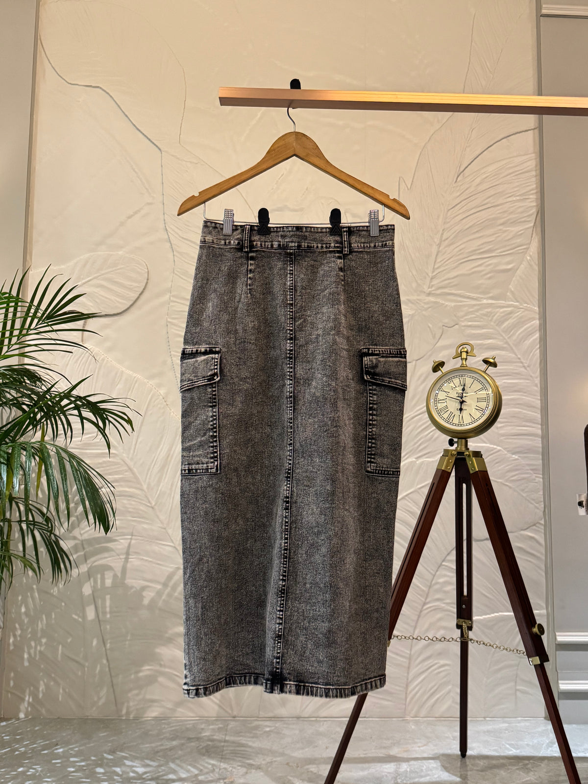 Vintage Acid Wash Cargo Denim Midi Skirt