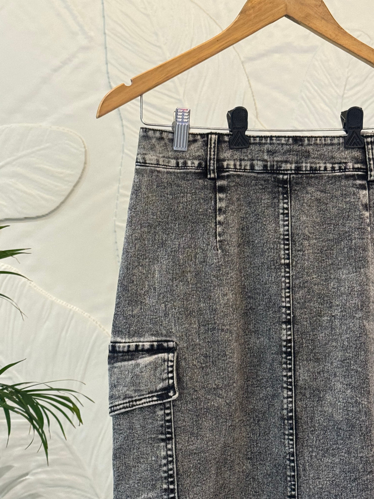 Vintage Acid Wash Cargo Denim Midi Skirt