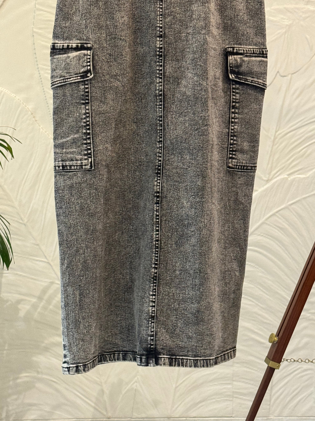 Vintage Acid Wash Cargo Denim Midi Skirt