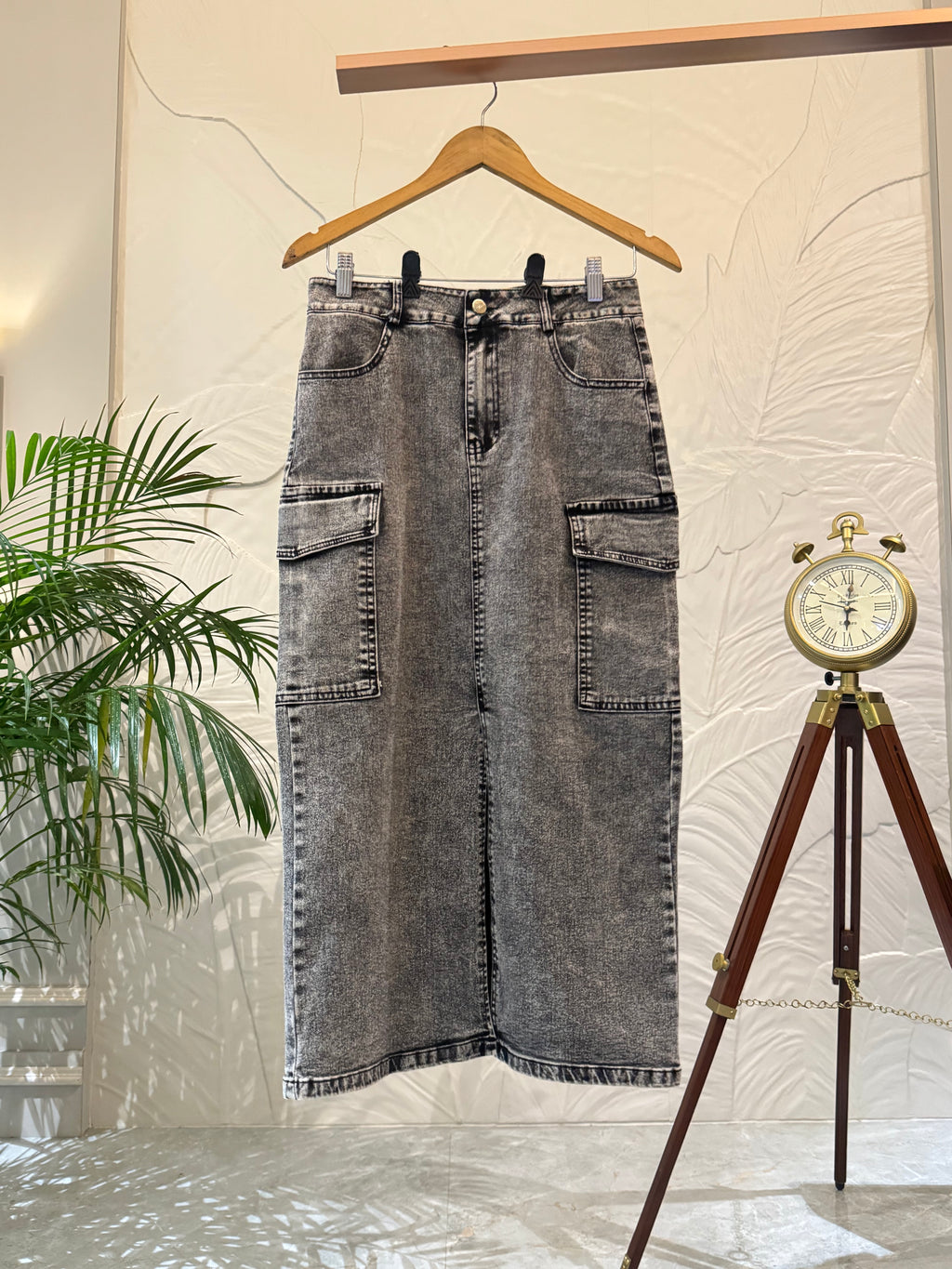 Vintage Acid Wash Cargo Denim Midi Skirt