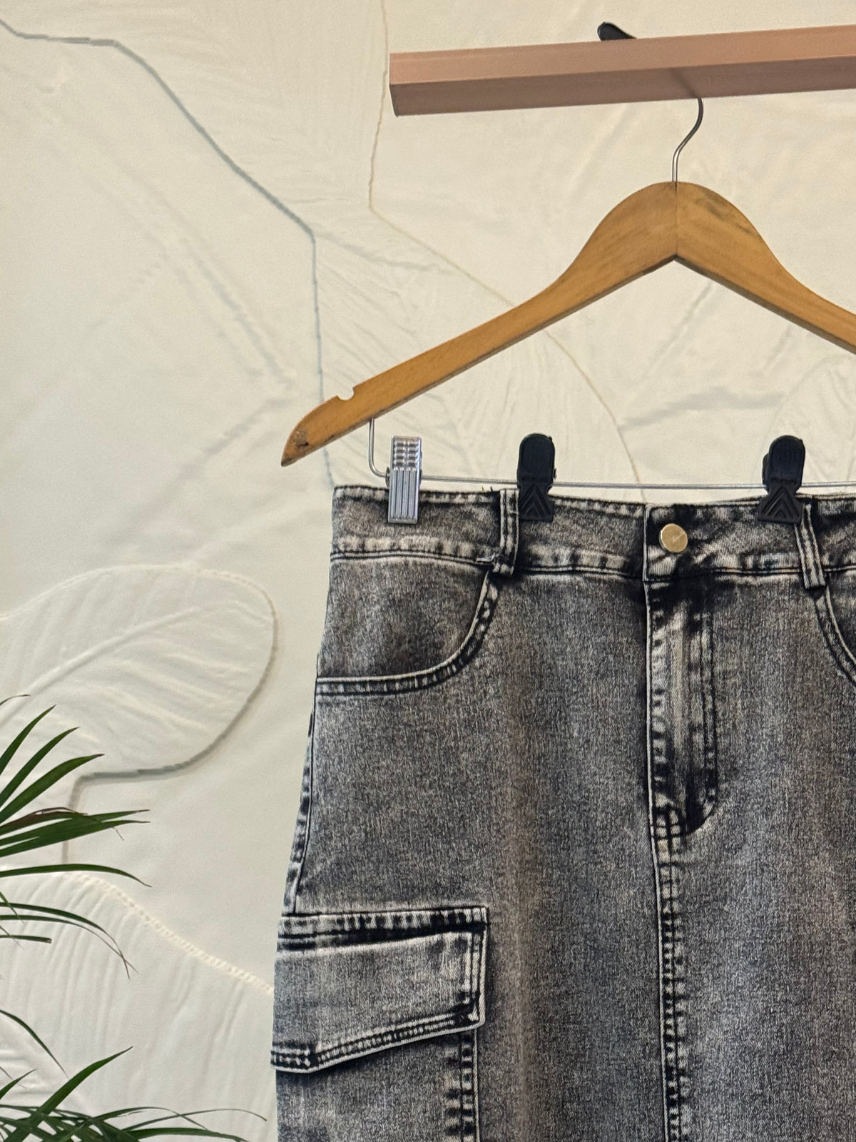 Vintage Acid Wash Cargo Denim Midi Skirt