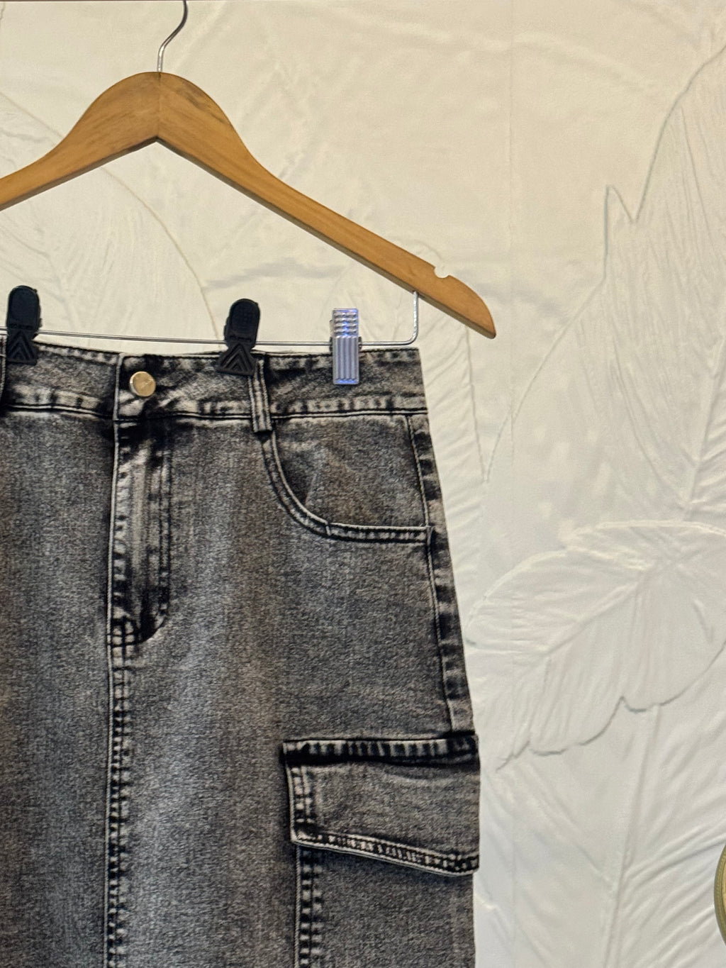 Vintage Acid Wash Cargo Denim Midi Skirt