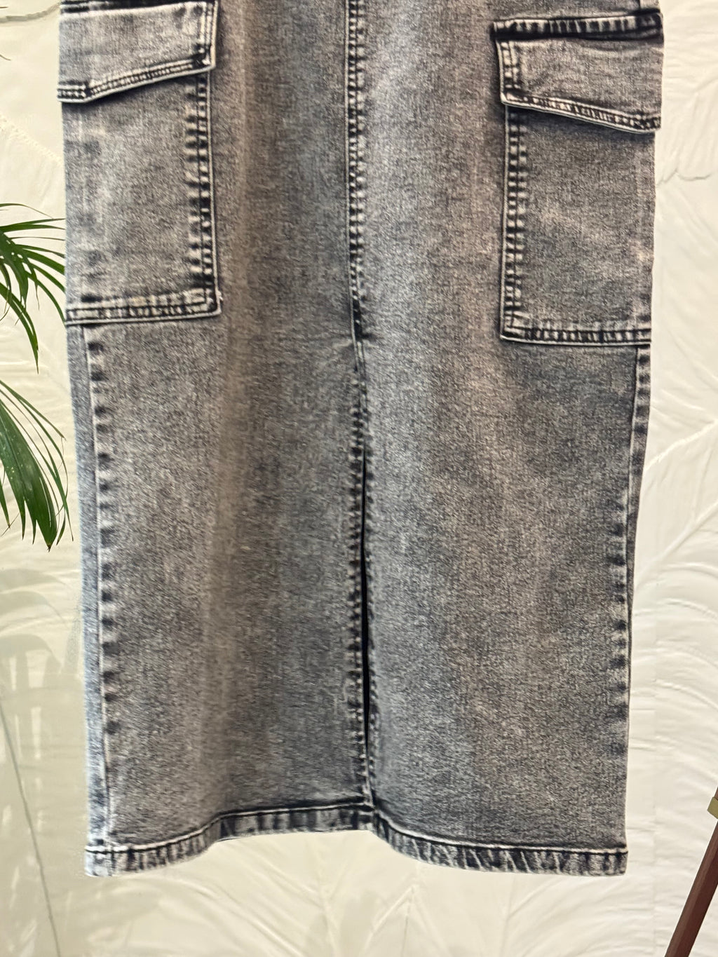 Vintage Acid Wash Cargo Denim Midi Skirt