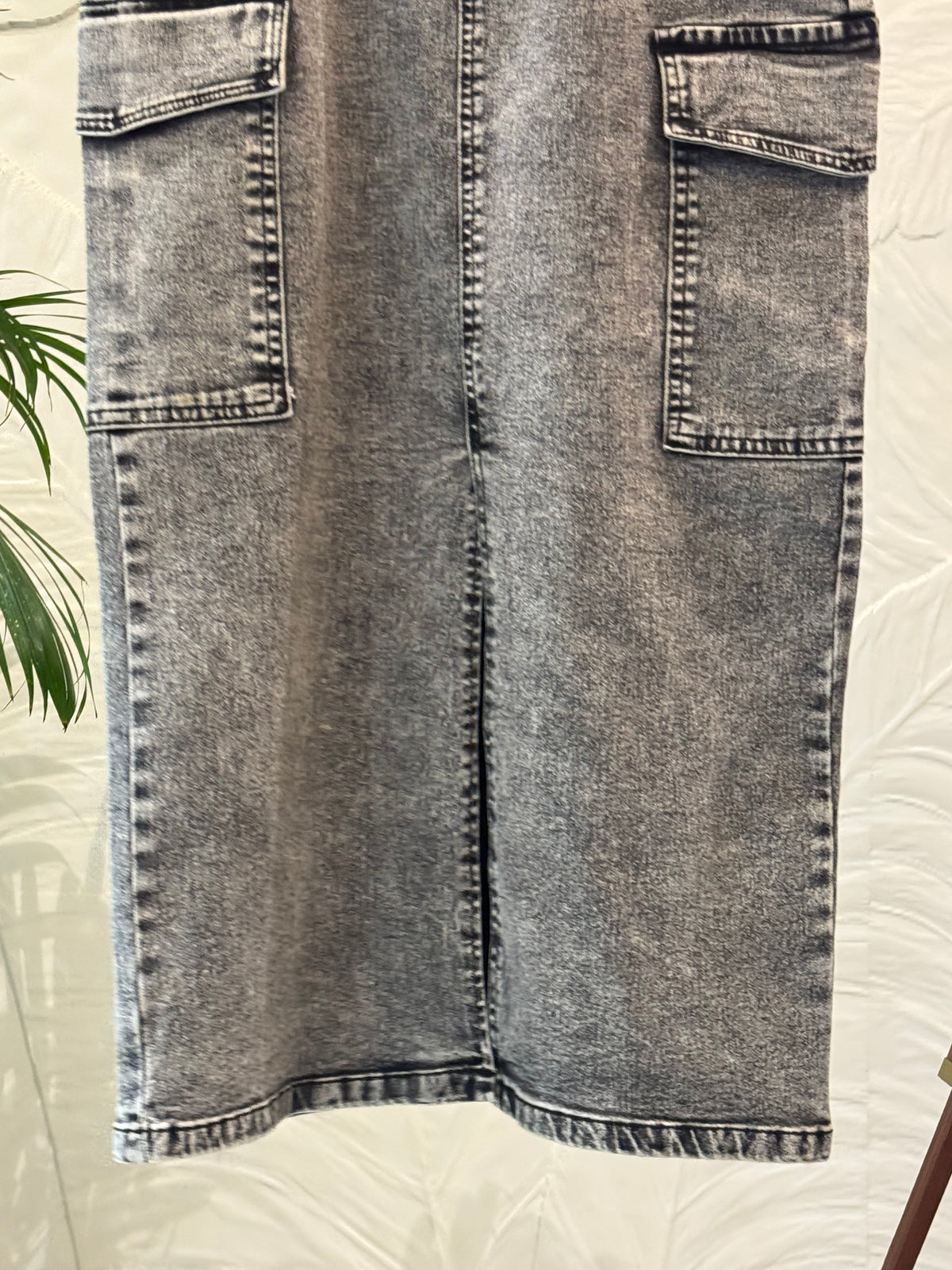 Vintage Acid Wash Cargo Denim Midi Skirt